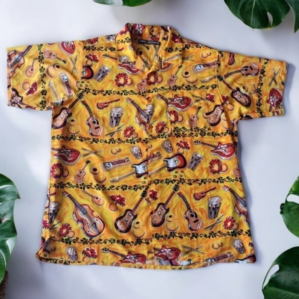 Box Office Island Shirt Mens Size‎ 3XL Button Down Hawaiian Aloha Guitar Music